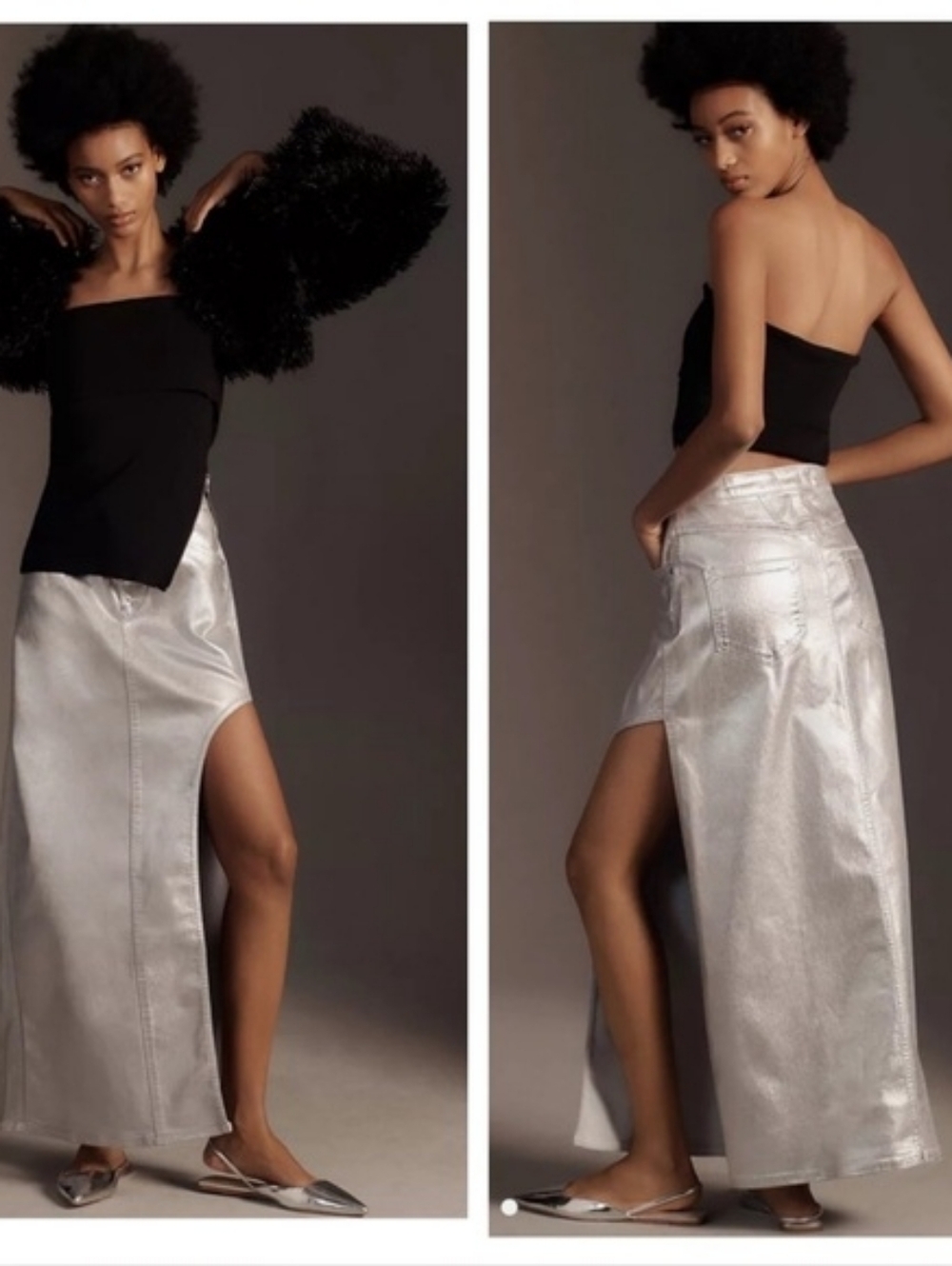 Pilcro Anthropologie Silver Metallic Side Slit Maxi Skirt In 14 NWOT